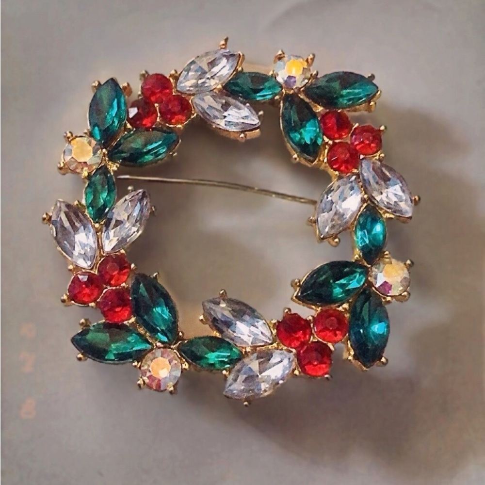 Elegant Gold and Green Floral Christmas Brooch